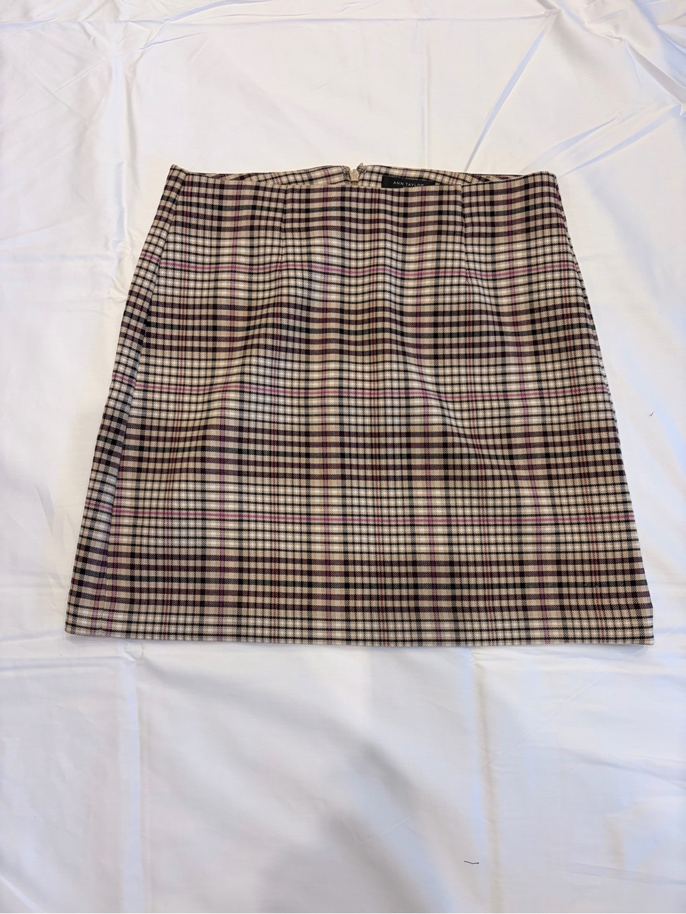 Ann Taylor Plaid Mini Skirt in Beige, Black & Pink